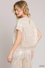 SEQUIN SHORT SLEEVE TOP WITH SEQUIN FRINGE DETAIL