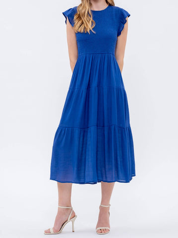 SMOCKED TIERED MIDI DRESS WITH FLUTTER SLEEVES