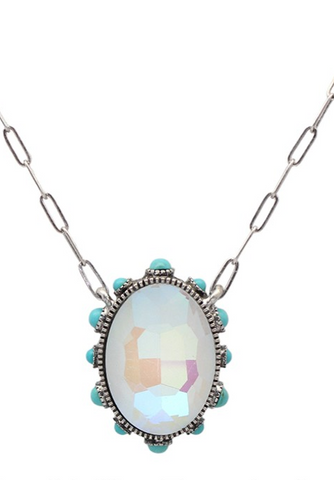 WESTERN FACETED OVAL PAPERCLIP NECKLACE WITH TURQUOISE STUD DETAIL