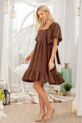 SHORT BELL SLEEVE SQUARE NECK DRESS WITH EMPIRE WAIST AND RUFFLE HEM