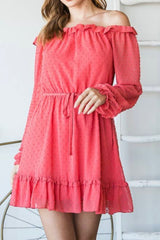 LONG SLEEVE OFF SHOULDER RUFFLED DRESS WITH WAIST TIE
