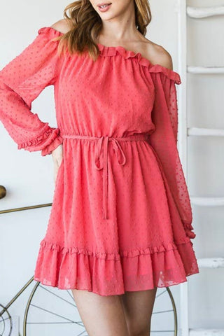 LONG SLEEVE OFF SHOULDER RUFFLED DRESS WITH WAIST TIE