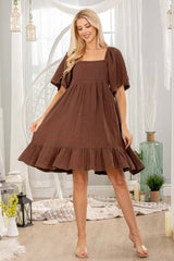 SHORT BELL SLEEVE SQUARE NECK DRESS WITH EMPIRE WAIST AND RUFFLE HEM