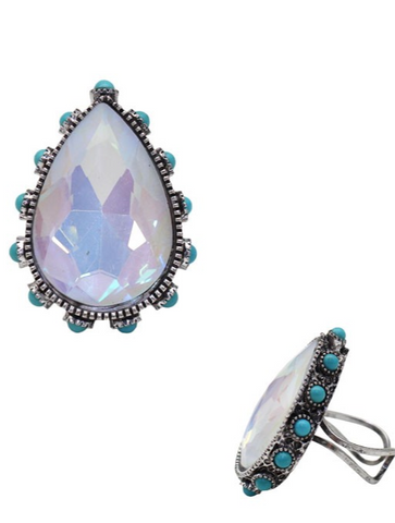 WESTERN FACETED TEARDROP SHAPED RING WITH TURQUOISE STUD DETAILS