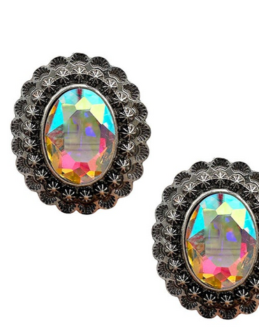 WESTERN OVAL CONCHO STUD EARRINGS WITH CRYSTAL CENTER