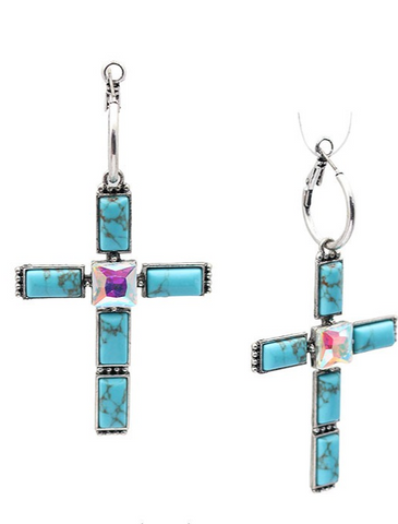 LARGE CRYSTAL AND TURQUOISE CROSS ON HOOP EARRING