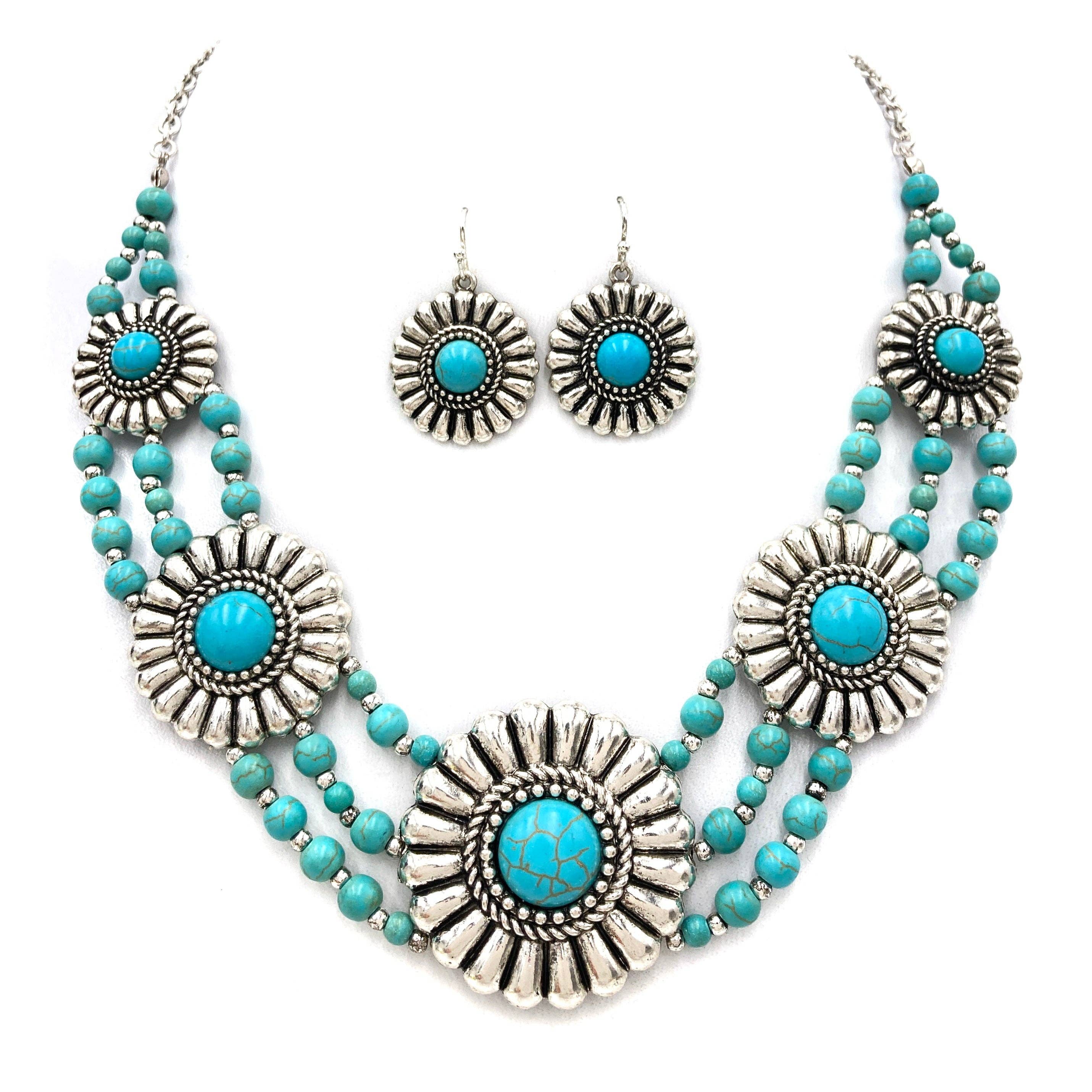 Turquoise Flower Concho Beaded Necklace Earrings Set