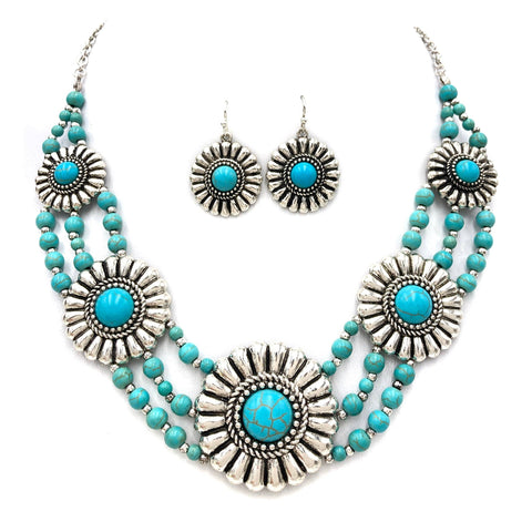 Turquoise Flower Concho Beaded Necklace Earrings Set
