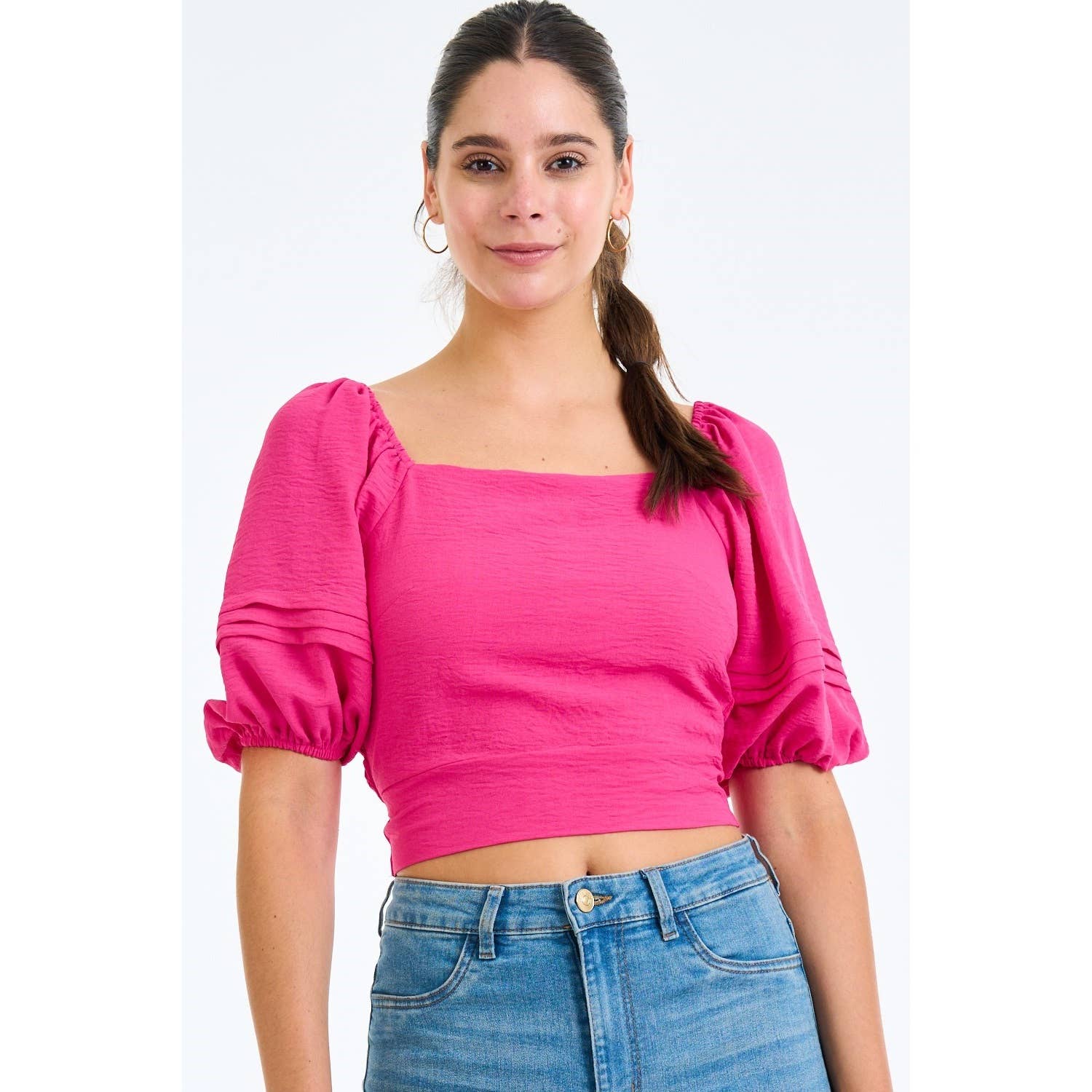 PUFF SLEEVE CROP TOP WITH TIE BACK