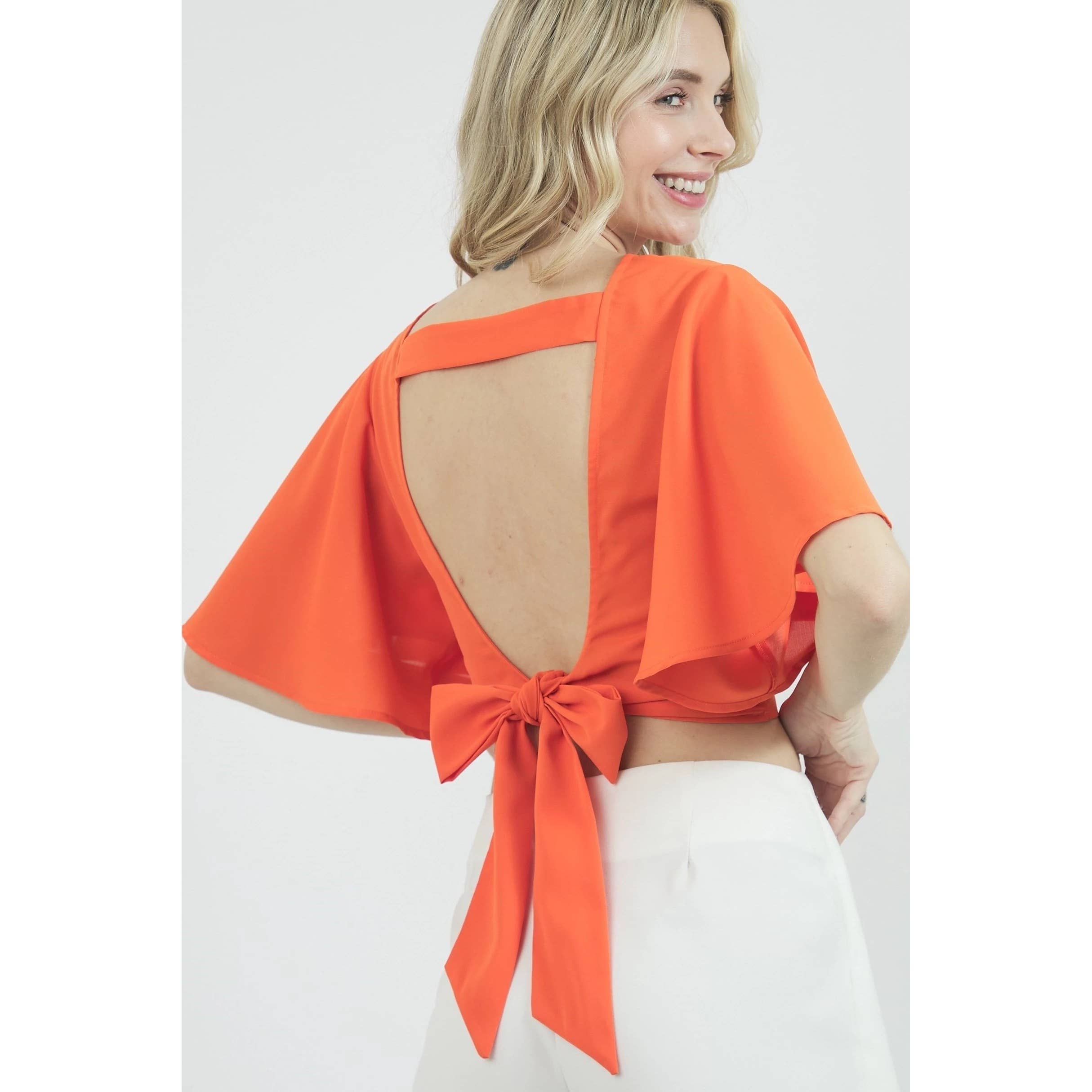 FLUTTER SLEEVE TOP WITH OPEN TIE BACK