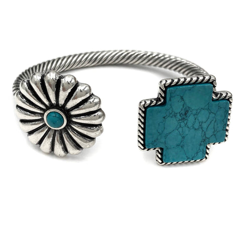 Turquoise Concho Cross Western Roped Open Bangle