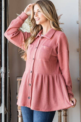 LONG SLEEVE BRUSHED WAFFLE KNIT BUTTON DOWN TOP