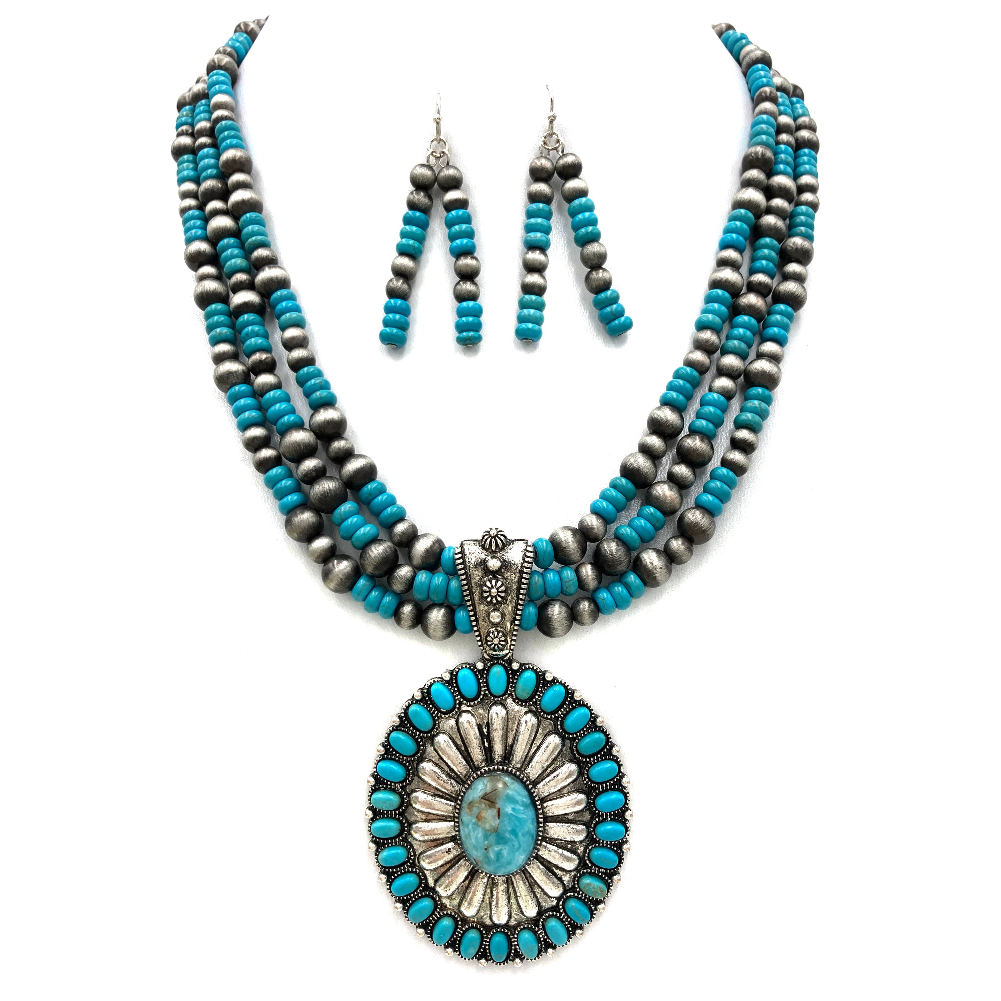 Oval Concho Stone Turquoise Bead Pearl Chunky Necklace Set