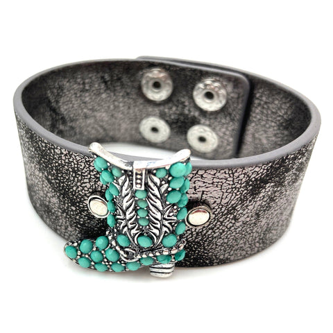 Turquoise Stone Western Boot Strap Silver Band Bracelet