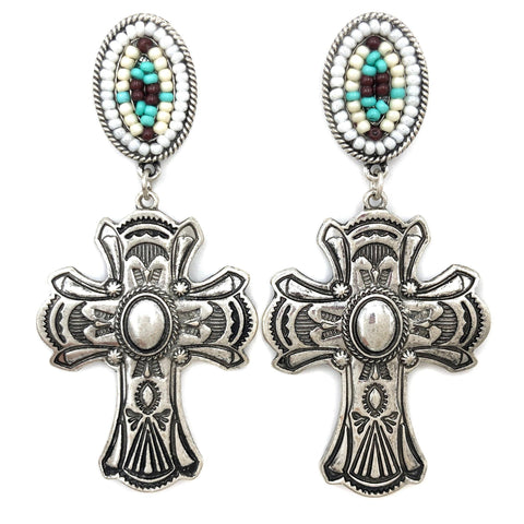 Cross Oval Stud Navajo Beads Dangle Earrings