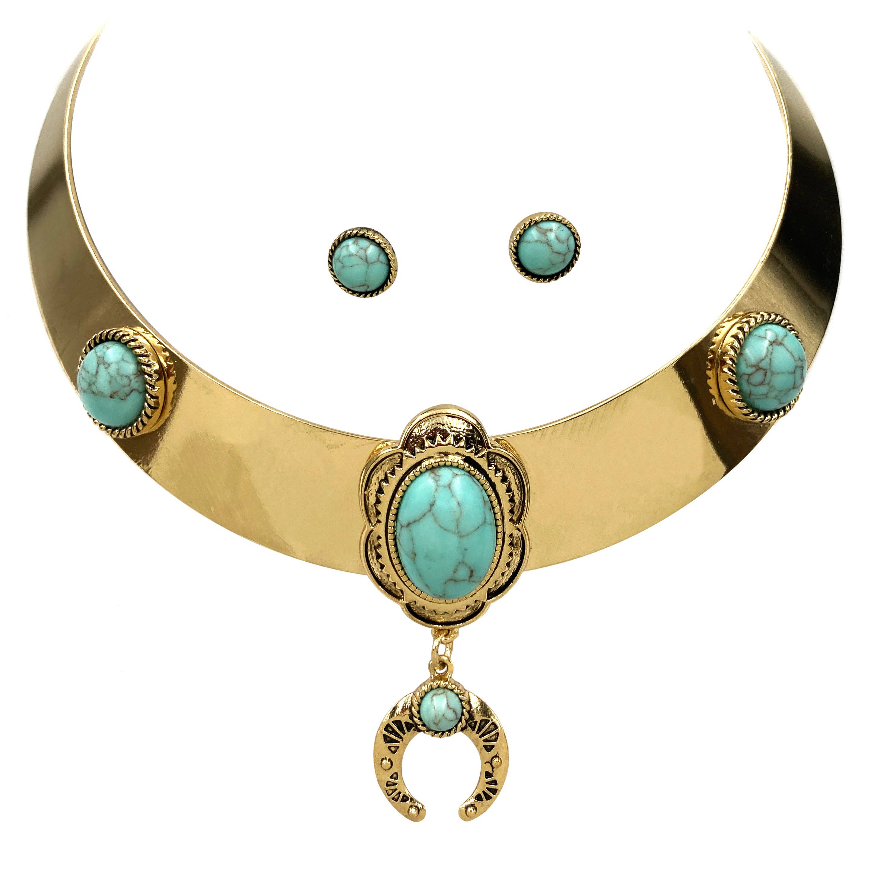 Bohemian Western Turquoise Stone Wide Metal Choker Necklace