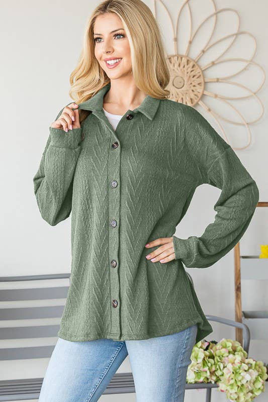 CURVY LONG SLEEVE TEXTURED BUTTON DOWN TOP
