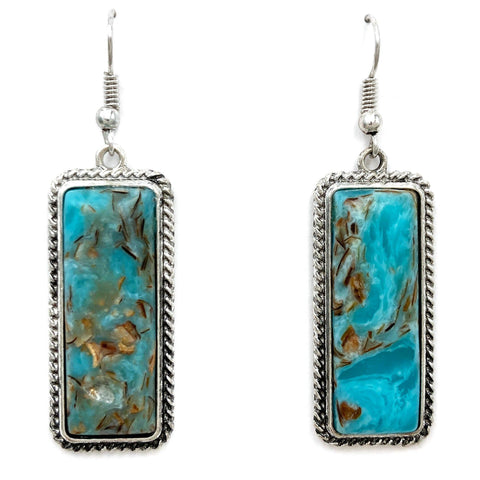 Rectangle Square Turquoise Stone Western Dangle Earrings