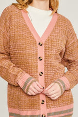 MELANGE BUTTON DOWN CARDI WITH SOLID TRIM