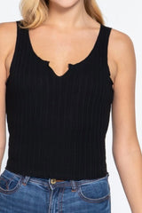 NOTCHED NECK TANK WITH LETTUCE EDGE RIB KNIT TOP