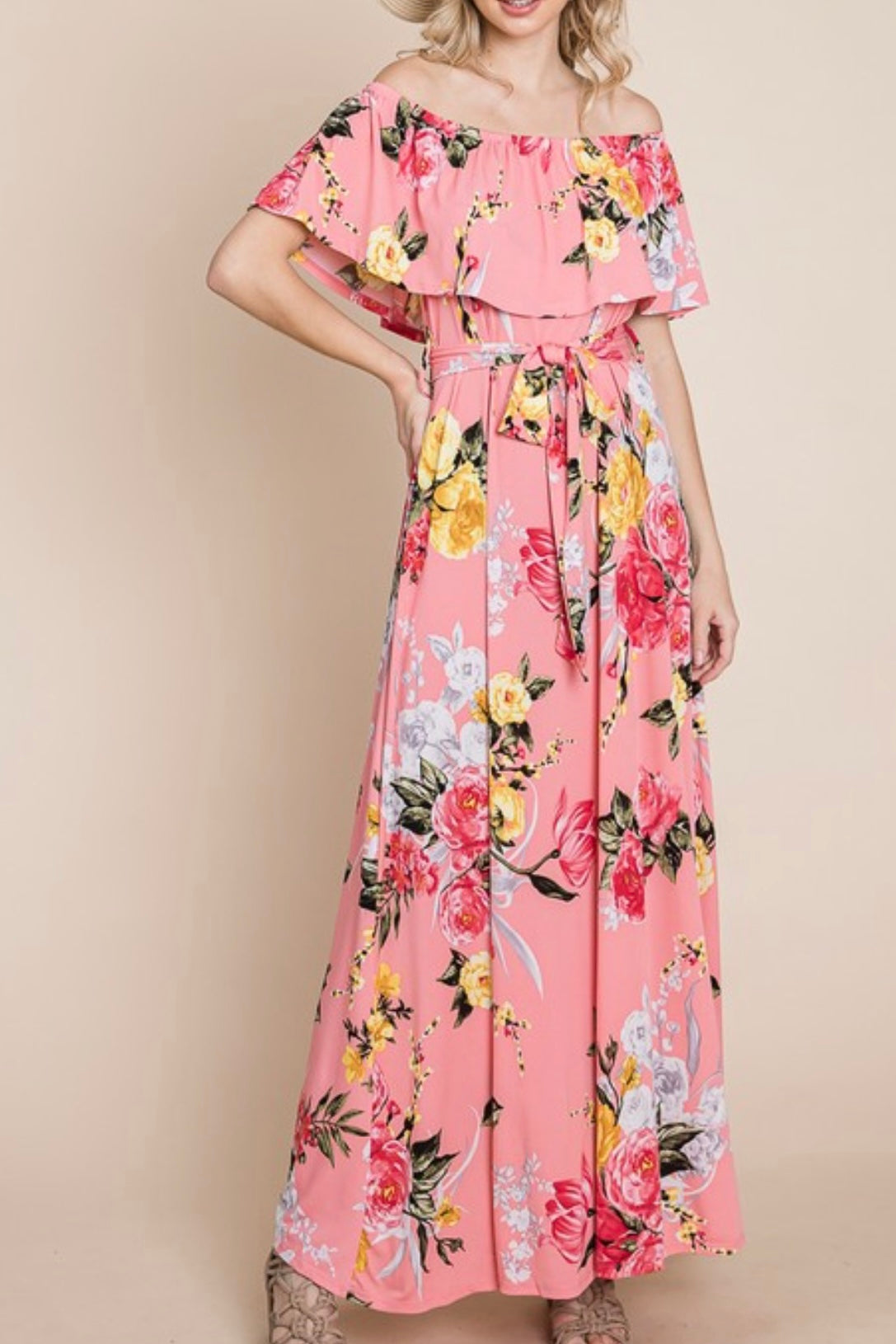 FLORAL OFF SHOULDER MAXI DRESS L / CORAL FLORAL OFF SHOULDER MAXI DRESS L / CORAL