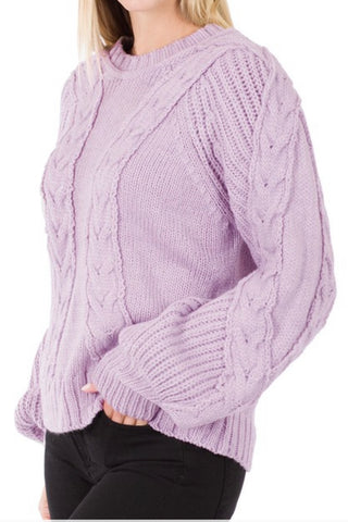 BALLOON SLEEVE CABLE KNIT SWEATER
