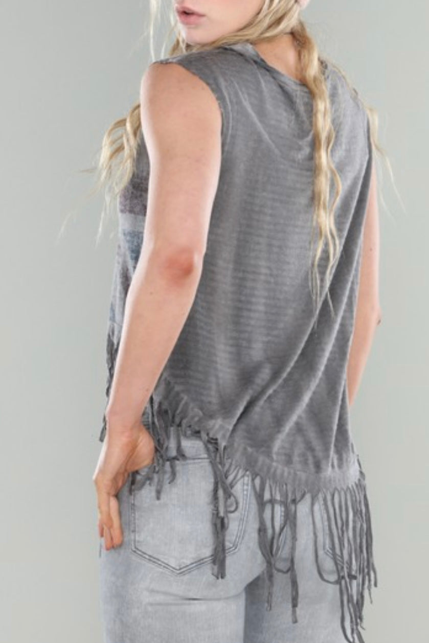 CROSS PRINTED SLEEVELESS CROP WITH FRINGE DETAIL