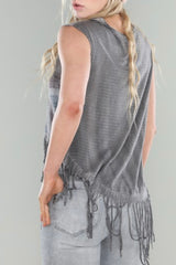 CROSS PRINTED SLEEVELESS CROP WITH FRINGE DETAIL