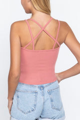 DOUBLE STRAP FRONT RUCHED DETAIL RIB KNIT CAMI TOP