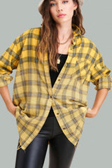 LONG SLEEVE TWO TONED PLAID BUTTON DOWN SHIRT WITH RAW HEM