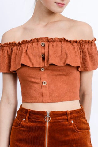 OFF THE SHOULDER RUFFLE BUTTON DOWN CROP TOP
