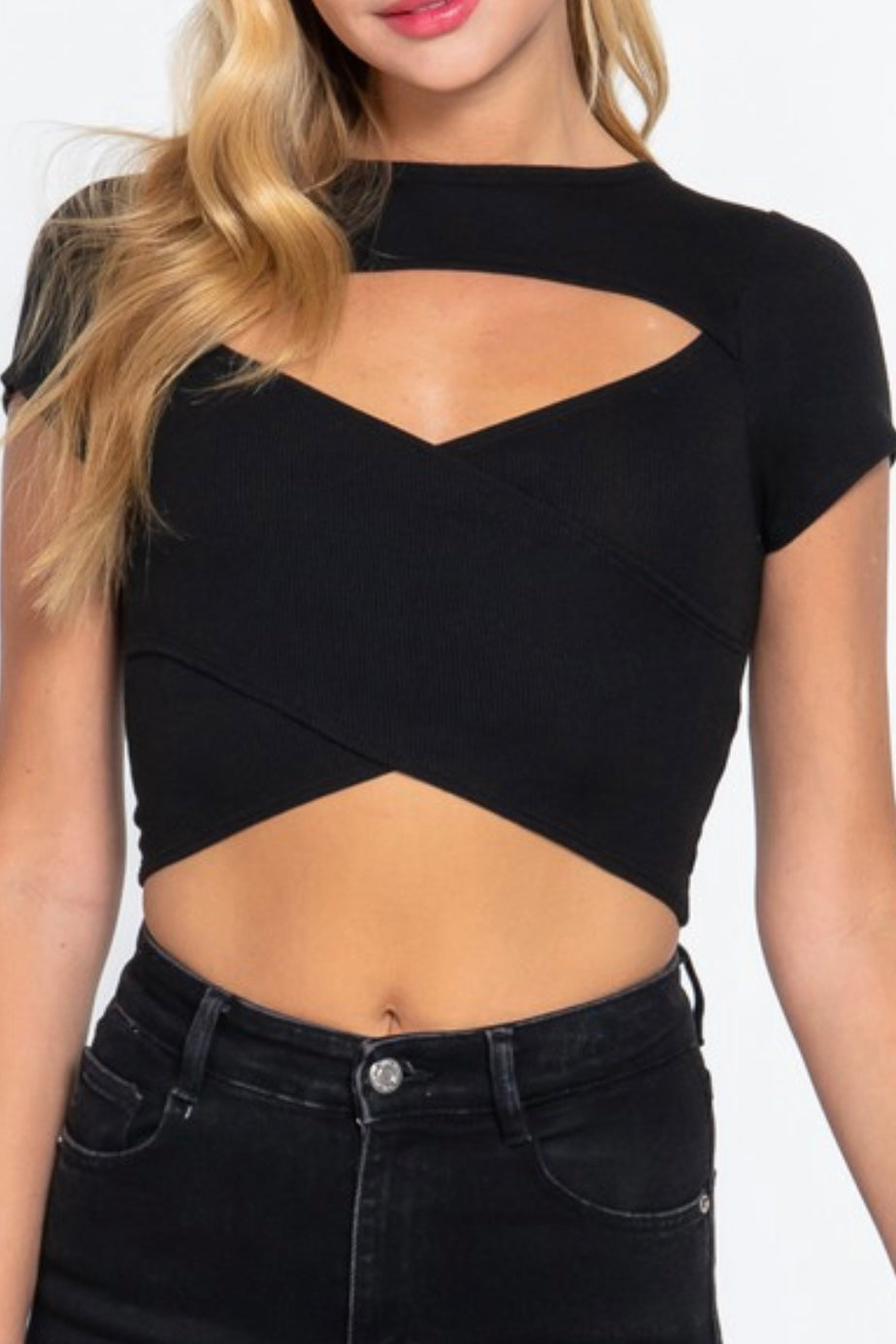 SHORT SLEEVE CROP WITH CHEST CUT OUT DETAIL