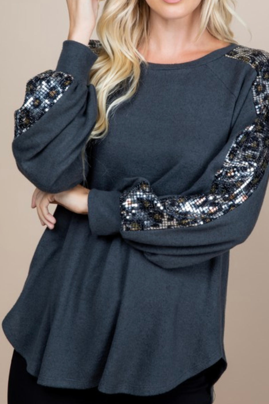 LONG SLEEVE HACCI SWEATER WITH LEOPARD SEQUIN DETAIL
