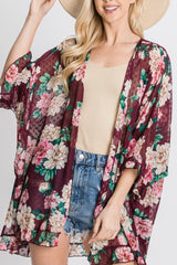 SWISS DOT CHIFFON FLORAL KIMONO WITH SIDE SLITS