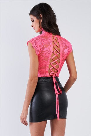 MOCK NECK CAP SLEEVE LACE BODYSUIT WITH LACE UP BACK