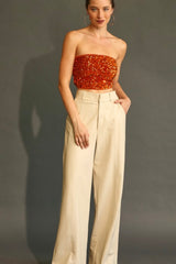 SEQUIN AND VELVET TUBE TOP WITH SMOCKING