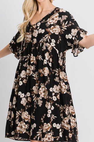 RUFFLE SLEEVE VNECK FLORAL BABYDOLL DRESS WITH POCKETS