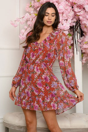 LONG SLEEVE SHEER FLORAL PRINT VNECK DRESS