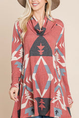 LONG SLEEVE LOOSE FIT COWL NECK AZTEC TUNIC