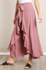 WIDE LEG PANT WITH WRAP FRONT RUFFLE TRIM