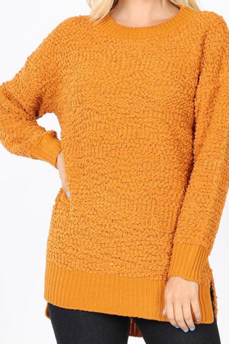 CURVY LONG SLEEVE CABLE POPCORN SWEATER