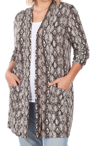 CURVY LONG SLEEVE SNAKE PRINT KNIT CARDI