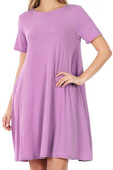 SHORT SLEEVE ROUND NECK DRESS WITH POCKETS