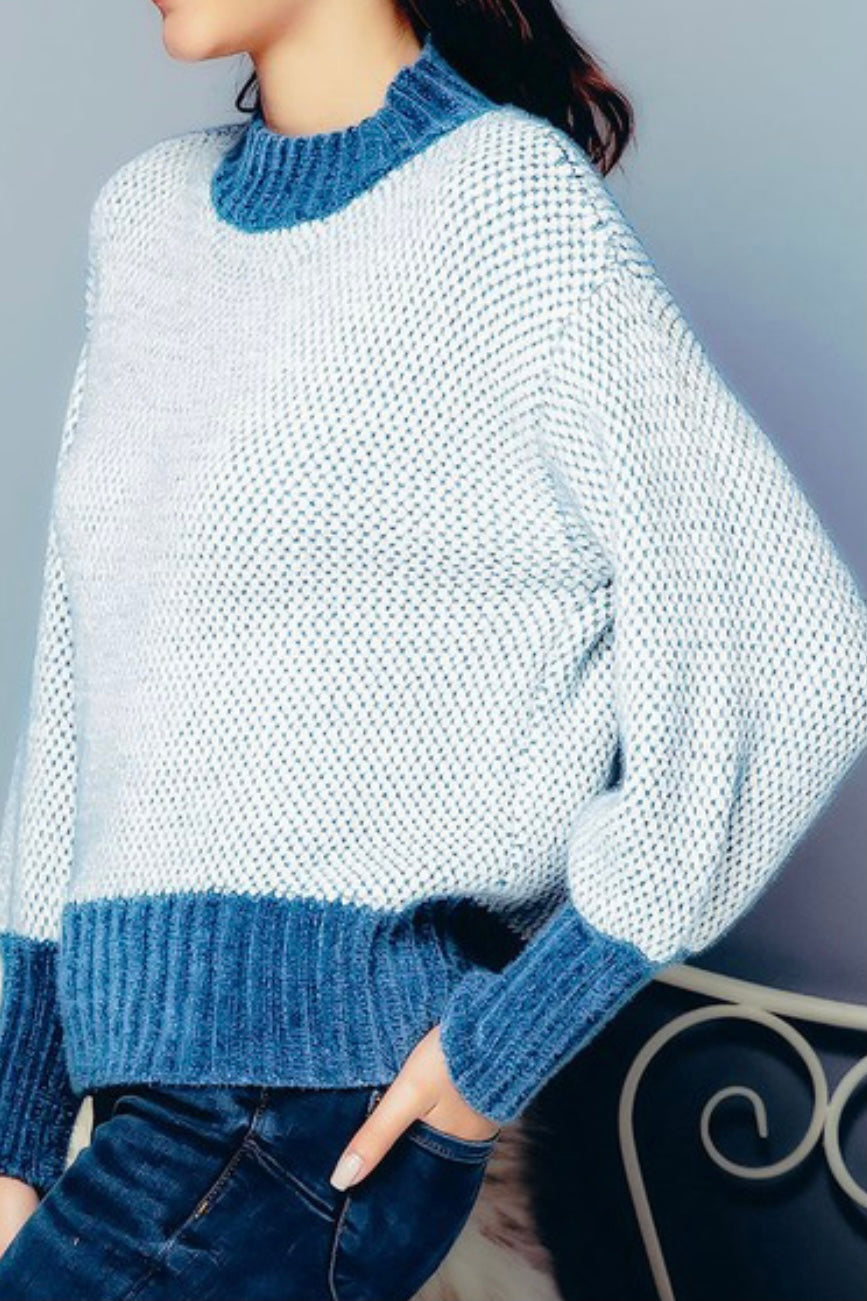 LONG SLEEVE MOCK NECK SWEATER WITH CHENILLE HEM AND CUFFS