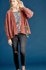 DROP SHOULDER OPEN CHENILLE CARDI WITH REMOVABLE CHARM