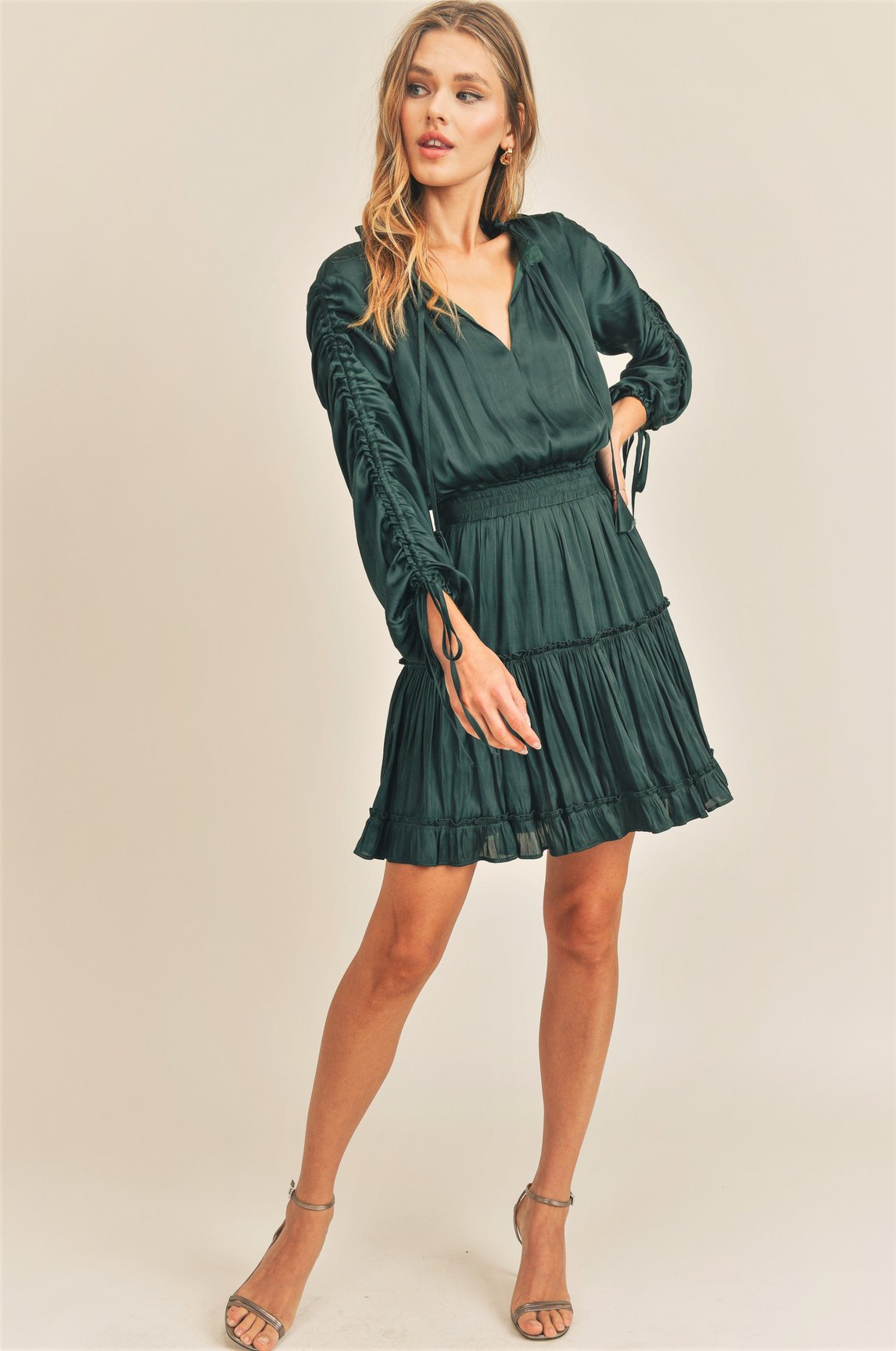 LARISSA LONG CINCHED SLEEVE DRESS WITH SMOCKED WAIST