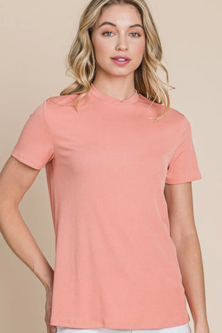 SHORT SLEEVE RIBBED CREW NECK TOP