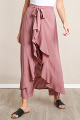 WIDE LEG PANT WITH WRAP FRONT RUFFLE TRIM