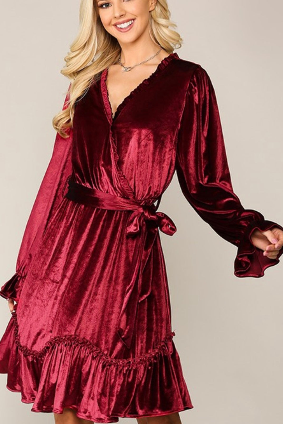 hot pink velvet dress LONG SLEEVE VELVET DRESS WITH SLEEVE AND HEM RUFFLE DETAIL M / RUBY