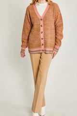 MELANGE BUTTON DOWN CARDI WITH SOLID TRIM